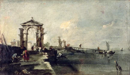 Capriccio avec une arche et un débarcadère, c.1750